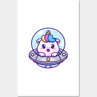 Cute unicorn flying with spaceship ufo cartoon Posters and Art